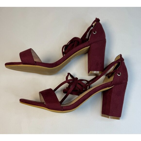 Allegra K Women's Size 9 Burgundy Open Toe Lace Up Chunky High Heel Sandals - Picture 6 of 11